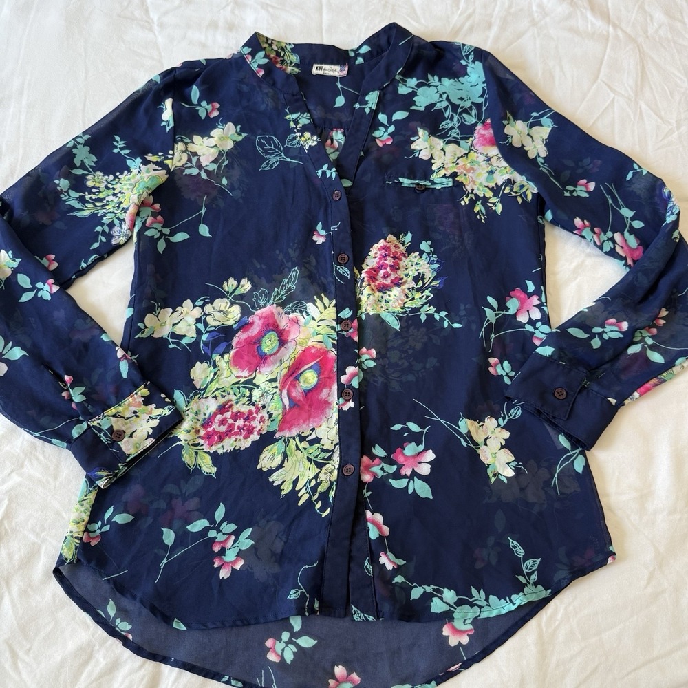 Kut From The Kloth Womens Floral Garden Blue Sheer Drape Button-Up Blouse Size S